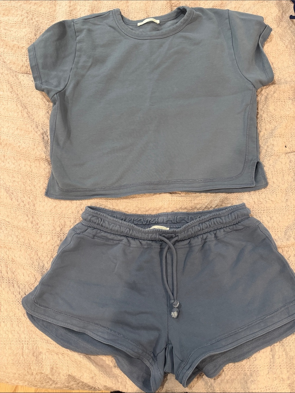 Zara Dusty Blue Drawstring Athletic Shorts and Top Set